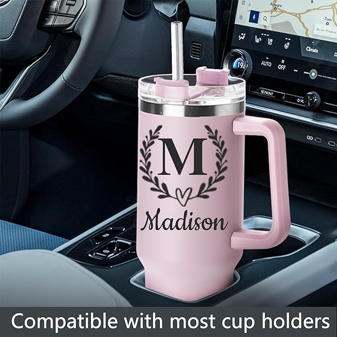 Ships Next Day,Birth Flower 40 Oz Tumbler with Handle and Straw, Personalized Tumbler with Name Insulated Cup Reusable Stainless Steel Water Bottle Travel Mug Christmas Birthday Gifts for Women