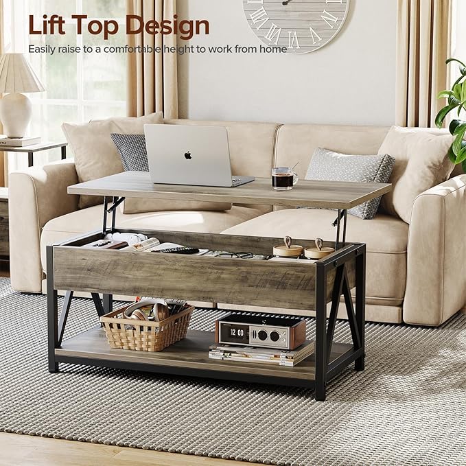 Lift Top Coffee Table,Lift Coffee Table with Storage Shelf and Large Hidden Compartment for Living Room,Lifting top Coffee Tables for Small Space,Grey
