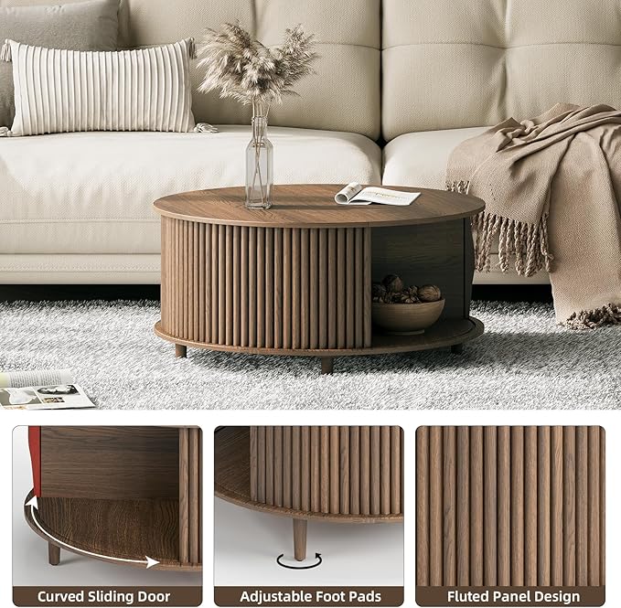 Round Coffee Table with Storage, Mid Century Modern Center Table with Sliding Cabinet Door, Fluted Dining Table for Living Room, Home Small Space, 31.5", Walnut