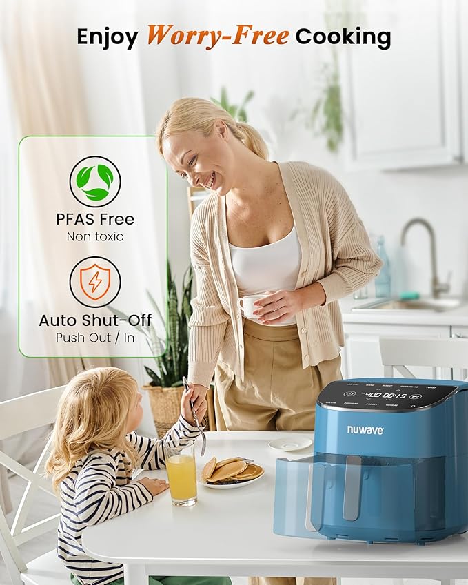 Nuwave Brio Plus Air Fryer 8 Qt, New & Improved, PFAS-FREE, 7 Digital One-Touch Cook Functions that AIR FRY, BAKE, ROAST, DEHYDRATE, TOAST, REHEAT, PREHEAT, 150 Presets, 50°F~400°F (Cozy Blue)