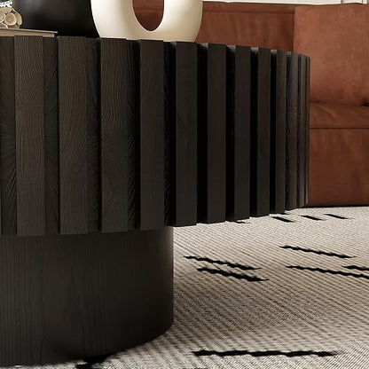 31.5" Round Drum Coffee Table, Modern Handcraft Fluted Drum Center Table, Wooden Round Coffee Table Center Table with Sturdy Pedestal for Living Room Apartment (Black)
