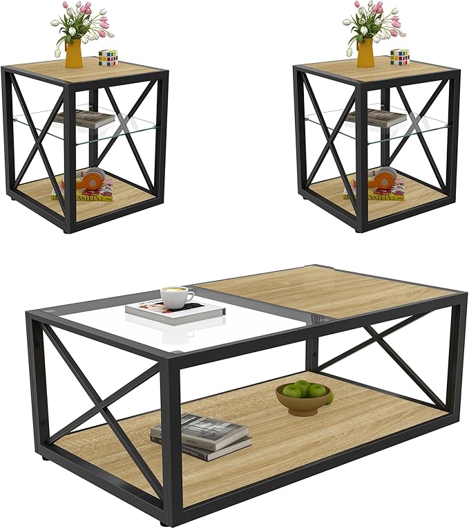 Rustic Coffee Table Set of 3, End Table Mordern Living Room Table Set with Tempered Glass Top Splicing Wood MDF, Black Metal Frame Industrial Style, Natural