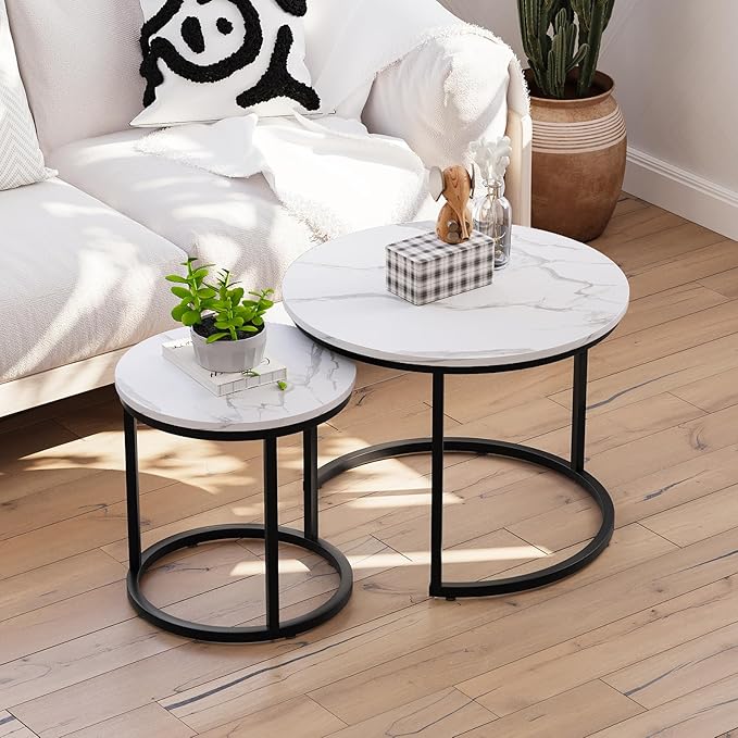 Smuxee White Nesting Coffee Table Set of 2, 23.6" Round Coffee Table Wood Grain Top with Adjustable Non-Slip Feet, Industrial End Table Side Tables for Living Room Bedroom Balcony Yard