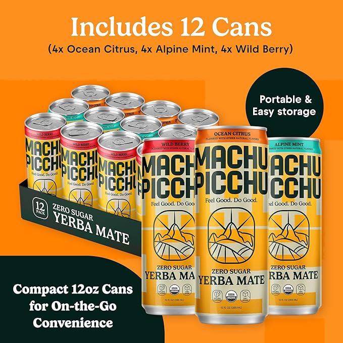 MACHU PICCHU Non-Carbonated Yerba Mate Energy Drink – Zero Sugar, 120mg Organic Caffeine, Smooth Focus Without Jitters or Crash, Low Calorie, USDA Organic, 12oz Cans (12-Pack Variety Pack