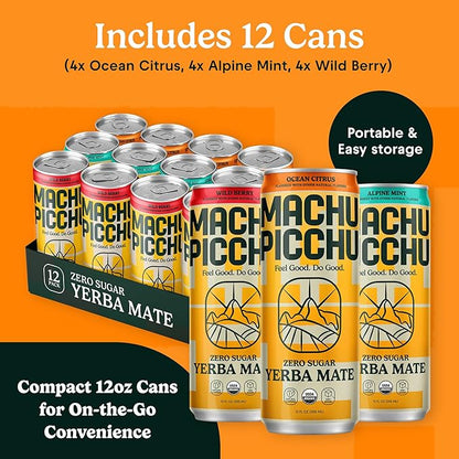 MACHU PICCHU Non-Carbonated Yerba Mate Energy Drink – Zero Sugar, 120mg Organic Caffeine, Smooth Focus Without Jitters or Crash, Low Calorie, USDA Organic, 12oz Cans (12-Pack Variety Pack