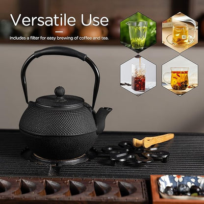 Cast iron Teapot, Tea Kettle for Stovetop Safe with Stainless Steel Infuser, Japanese Hand-made Tea Pot Coated with Enameled Interior for 42oz, 1200ml Black