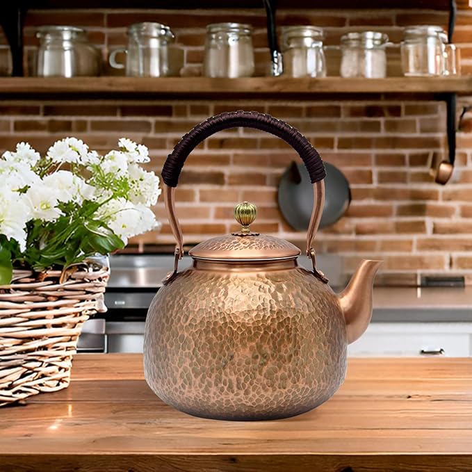 YJX Copper Tea Kettle For Stovetop, Japanese Style Non-Coating Pure Copper Teapot with Stainless Steel Infuser For Loose Tea, Large and Solid Tea Pot For 3-7 Cups (2000ml)