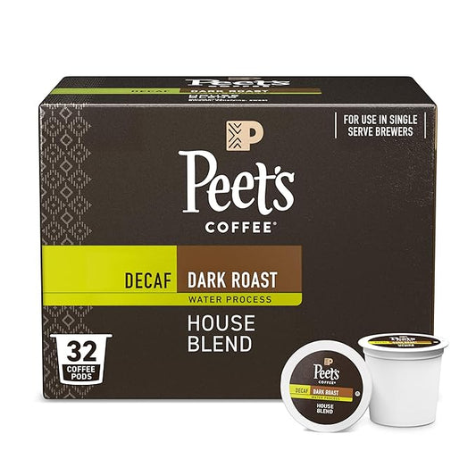Peet's Coffee, Dark Roast Decaf Single Serve Coffee Pods - Decaf House Blend 32 Count (1 Box of 32 Pods)
