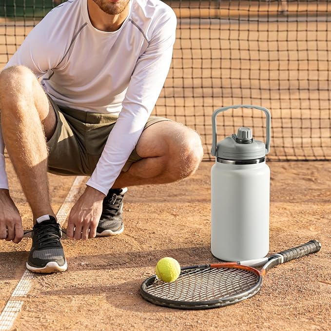 1 Gallon Thermosflask with Straw, 135oz Stainless Steel Insulated Water Bottle，4L Oversized Double Wall Vacuum Jug with Handle for Hot Cold Drinks, Wide mouth Icebuckets for Hiking Sports(White)