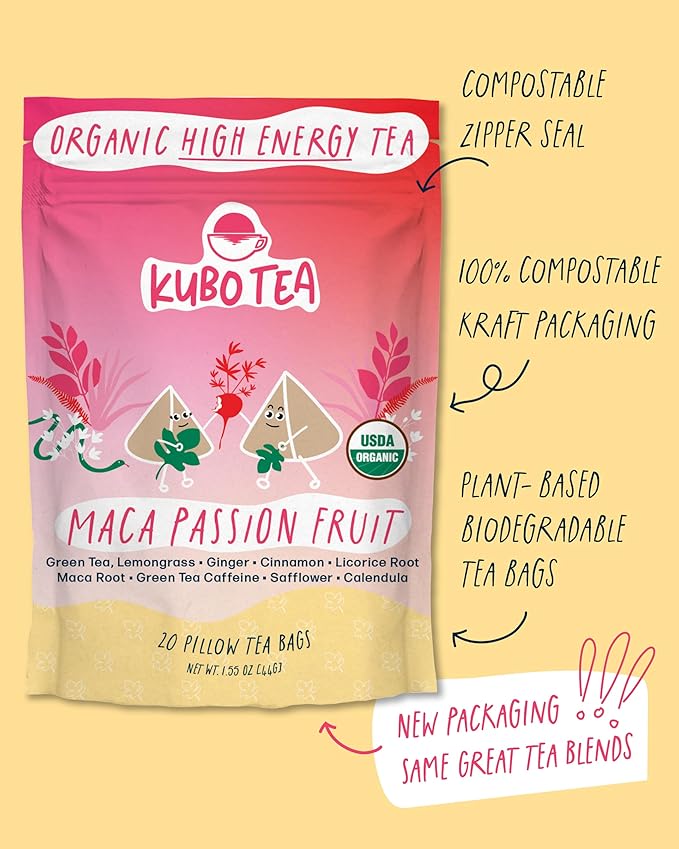 High Caffeine Tea (140 mg) - Kubo Tea: Organic Maca Passion Fruit Green Tea Bags for Clean Energy & Focus | Healthy Coffee Substitute | Maca Root Blend | 20 Ct | Compostable Packaging