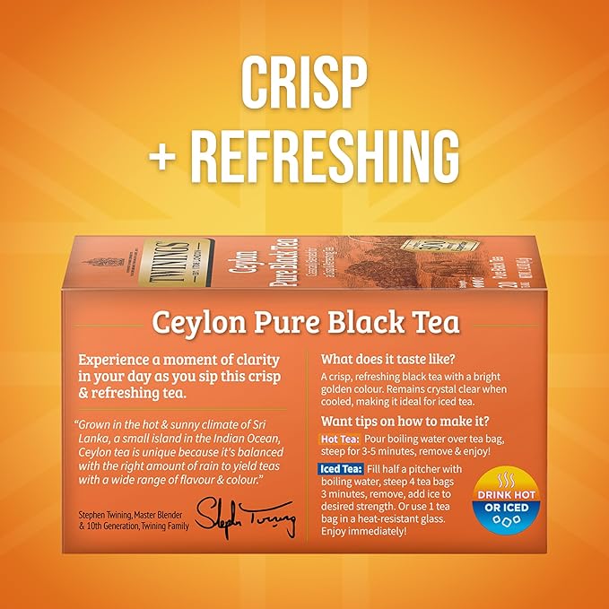 Twinings Ceylon Pure Black Tea Individually Wrapped Bags, 20 Count (Pack of 6), formerly Ceylon Orange Pekoe, Crisp, Refreshing, Caffeinated, Enjoy Hot or Iced, 120 Teabags