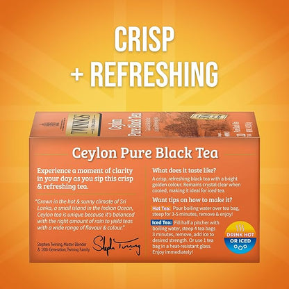 Twinings Ceylon Pure Black Tea Individually Wrapped Bags, 20 Count (Pack of 1), formerly Ceylon Orange Pekoe, Crisp, Refreshing, Caffeinated, Enjoy Hot or Iced, 20 Teabags