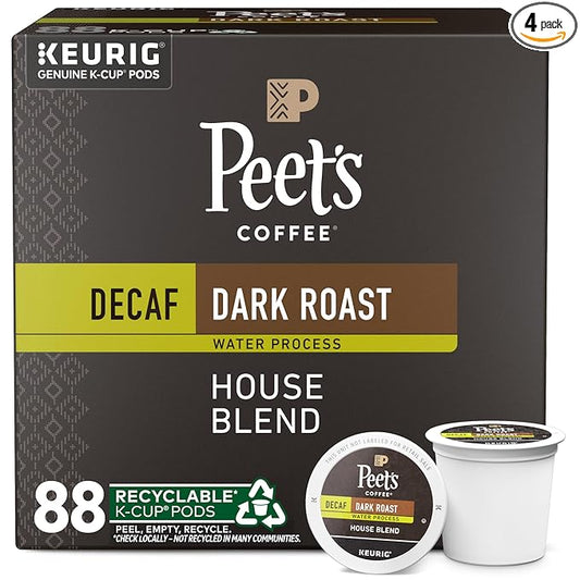 Peet's Coffee, Dark Roast Decaf Keurig K-Cup Pods - Decaf House Blend 88 Count (4 Boxes of 22 K-Cup Pods)