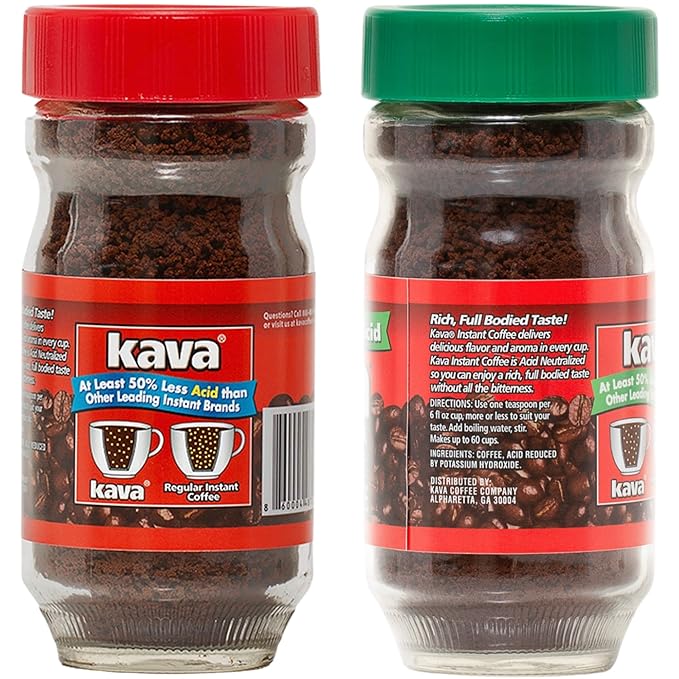 Kava Low Acid Instant Coffee Lover Bundle Set, 4 Ounce Glass Jar of Each, Regular & Decaf