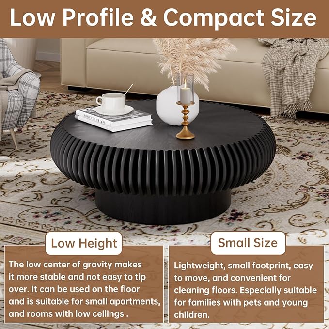 Round Coffee Table 31.4" Modern Black Fluted Coffee Table Low Round Drum Pedestal Coffee Tables for Living Room Farmhouse (Black 31.4in)