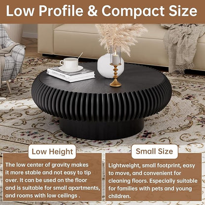 Round Coffee Table 31.4" Modern Black Fluted Coffee Table Low Round Drum Pedestal Coffee Tables for Living Room Farmhouse (Black 31.4in)