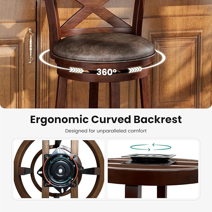 PHI VILLA 30 inch Bar Height Stools Set of 2,Swivel Wooden Barstools Tall Upholstered Faux Leather Barstool with Back,Vintage Bar Height Chairs,Dark Brown Kitchen Stools