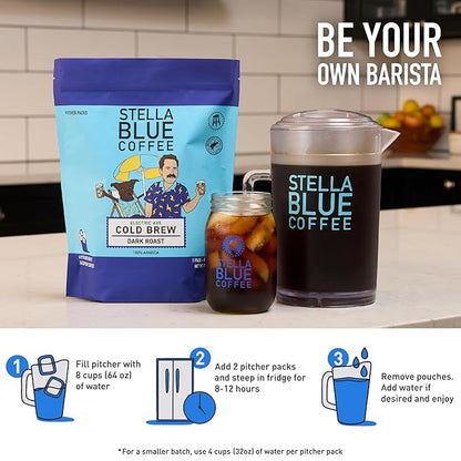 Stella Blue Cold Brew Coffee Bags, Electric Ave Blend, Dark Roast Ground Coffee, Smooth, Bold and Refreshing 100% Arabica, 6 Brew Packets, Makes 24 Cups, Rainforest Alliance Certified