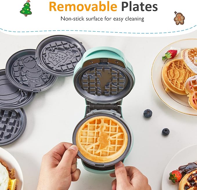 6 in 1 Mini Waffle Maker: 4” Waffle Iron with Removable Non-stick Plates, Perfect Mini Waffle Maker for Kids and Families, Light Blue