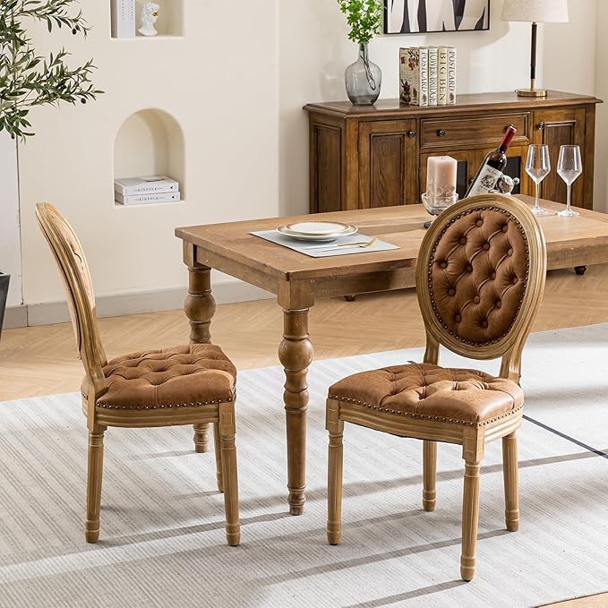 Vintage French Country Dining Chairs Set of 4, PU Leather Dining Chairs with Solid Wood Legs, Orange 4 Dining Chair Set, Sillas para Comedor, Kitchen & Dining Room Chair (Orange, PU, 4Pcs)