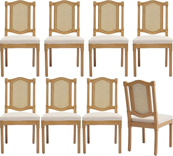 Vintage French Country Dining Room Chairs Set of 8, Rattan Dining Chairs with a Designer Backrest, Upholstered Dining Chair, Sillas para Comedor, Kitchen & Dining Room Chair (Beige, Rattan, 8Pcs)