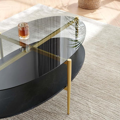 Oval Glass Coffee Table, Mid-Century Modern Design, L43 x W22 x H17 inch, Surfboard Shaped Grey Glass Top and Black Marble Finish Wood Shelf, Tapered Legs with Gold Finish Frame