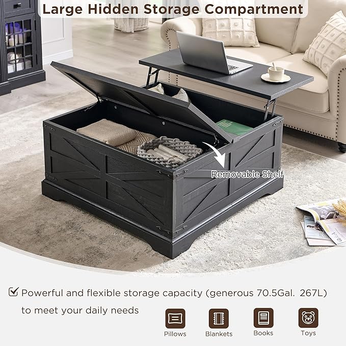 JXQTLINGMU Farmhouse Lift Top Coffee Table with Storage, 36" Wood Square Center Table with Large Hidden Compartment, Rustic Lift Tabletop Dining Table for Home Living Room, Black