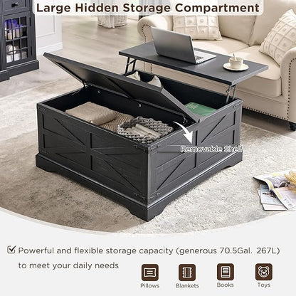 JXQTLINGMU Farmhouse Lift Top Coffee Table with Storage, 36" Wood Square Center Table with Large Hidden Compartment, Rustic Lift Tabletop Dining Table for Home Living Room, Black