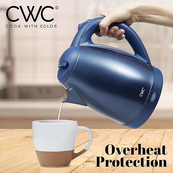 COOK WITH COLOR Electric Kettle - Rapid Boil, Sleek Design, and Safety Features - Great for Quick and Easy, Stainless Steel Blue, 1.7 Liters
