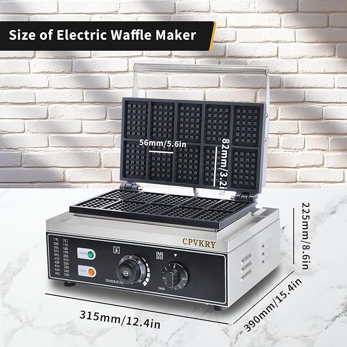 Commercial Rectangle Waffle Maker, 10pcs Waffle Iron, Non-Stick Industrial Belgian Waffle Maker Stainless Steel 110V Temp and Time Control, Suitable for Restaurant Bakeries Snack Bar Family