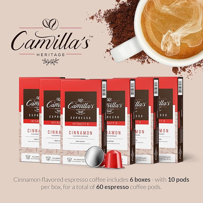 Camilla’s Heritage - Intensity 8 Cinnamon Flavored Espresso Coffee, Gourmet Espresso Cups, 60 Coffee Pods
