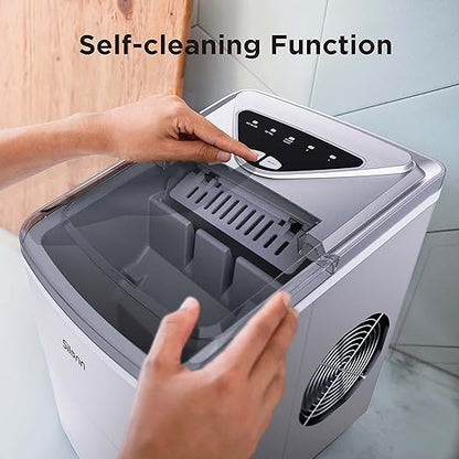 Silonn Ice Makers Countertop, 9 Cubes Ready in 6 Mins, 26lbs in 24Hrs, Self-Cleaning Ice Machine with Ice Scoop and Basket, 2 Sizes of Bullet Ice for Home Kitchen Office Bar Party, Sliver