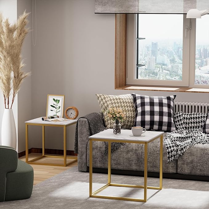 VILAWLENCE Coffee Table Set of 2, Modern Gold Wooden Side Table, Metal Frame Square End Table, Center Tables,Nesting Coffee Table for Living Room,Bedroom and Small Spaces