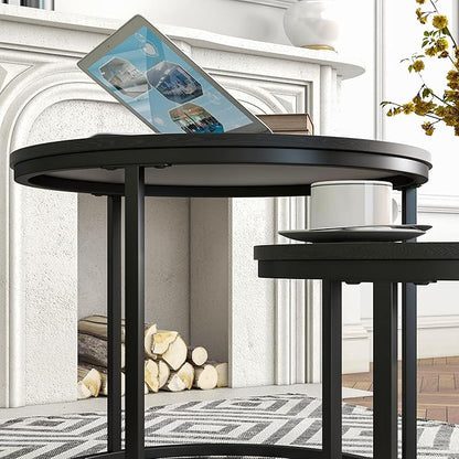 Small Coffee Table Set of 2, Round End Tables for Living Room, Modern Black Nesting Tables, Farmhouse Wood Side Table With Metal Frame, Easy Assembly, Stacking