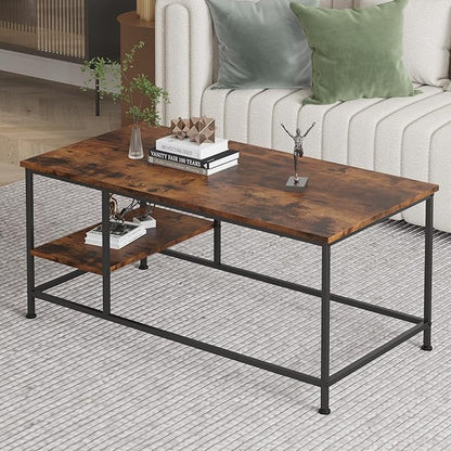 SENIG Brown Rectangle Wood and Metal Coffee Table with Storage Shelf for Small Living Rooms with Shelf