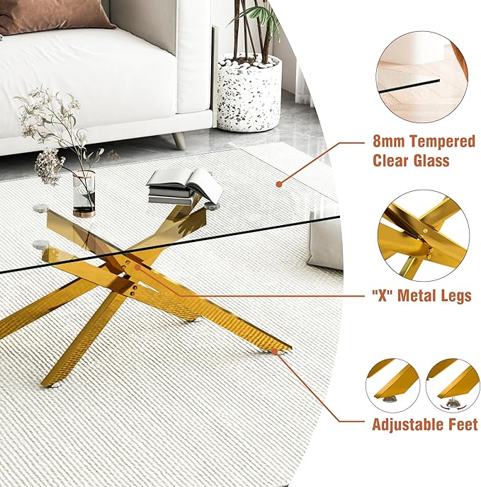 Gold Glass Coffee Table Set of 3 Modern End Table Living Room Side Table, Geometric Metal Legs 39.4 Inch Clear Rectangle Center Cocktail Tables, Gold
