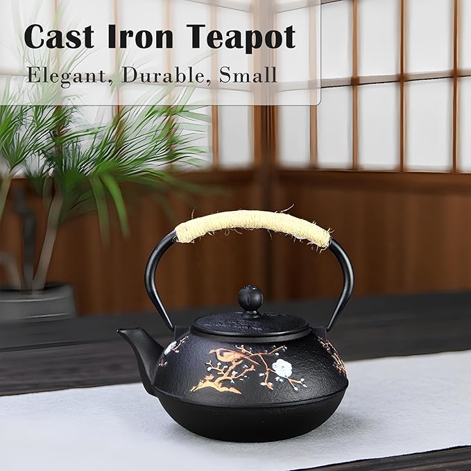 Cast Iron Teapot SECHUDO Teapot for Stovetop Safe Coated with Enameled Interior,Japanese Beautiful Tea Kettle with Stainless Steel Infuser for Loose Tea (30.4oz Plum Blossoms and Bird Pattern)