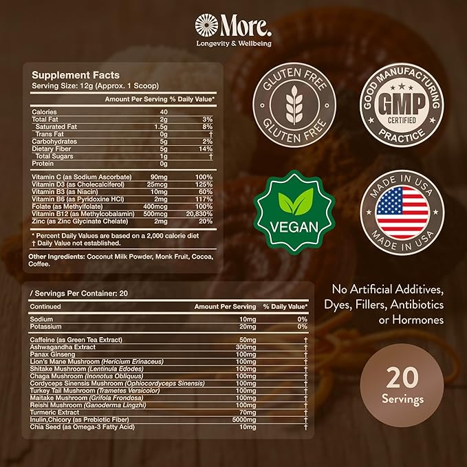 More. Longevity & Wellbeing Mushroom Coffee Superfood – 7 Functional Mushrooms with Lion’s Mane, Reishi, Chaga & Ashwagandha Extract, Instant Coffee Alternative with Prebiotics and Essential Vitamins for Focus & Energy, Mocha