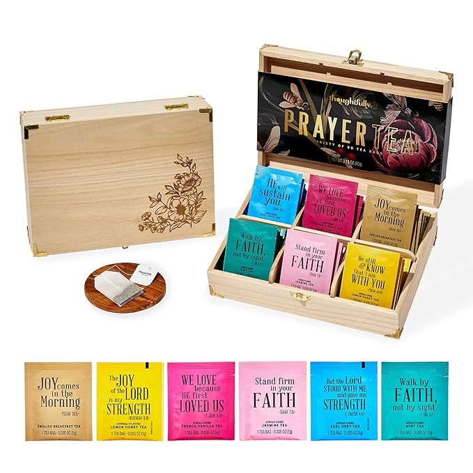 Thoughtfully Gourmet, Christian Prayer Tea Gift Set with Bible Verses, Includes 90 Teas in 6 Flavors in Premium Wooden Box, Religious Gifts for Women, Mom, Sister, Friend