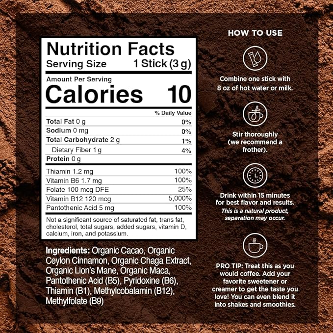 VitaCup Shroom Fuel, Mushroom Based Instant Coffee Alternative Packets, Mushroom Coffee Substitute w/Cacao, Cinnamon, Chaga, Lions Mane, & Maca for Energy, Immune Support, & Focus, 72 ct