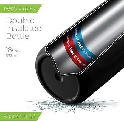 SipX™ Triple-Insulated Stainless Steel Water Bottle - 18oz. With Straw Lid, BPA-Free Reusable Insulated Water Bottle Keeps Cold For 12 Hours,