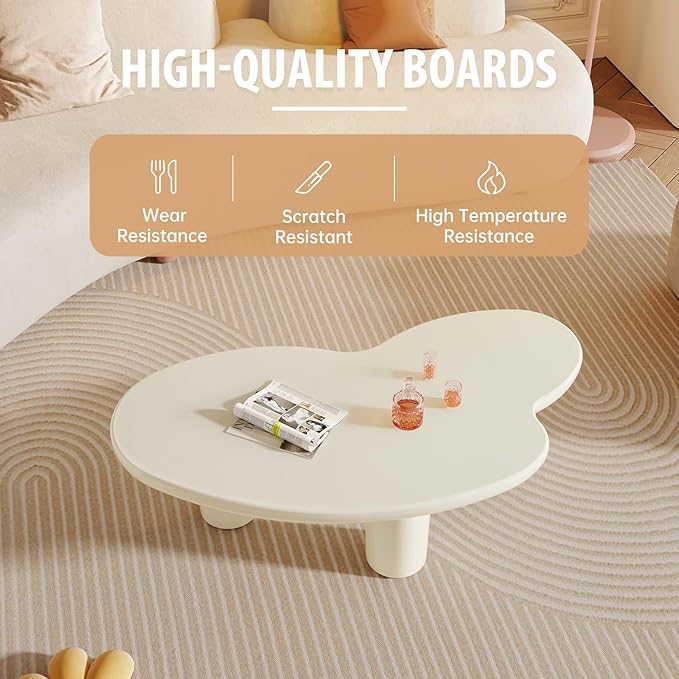 Cloud Coffee Table, 42.24" Irregular Cream White Coffee Table with 3 Legs, Modern Center Table for Living Room, Indoor Tea Table, Easy Assembly