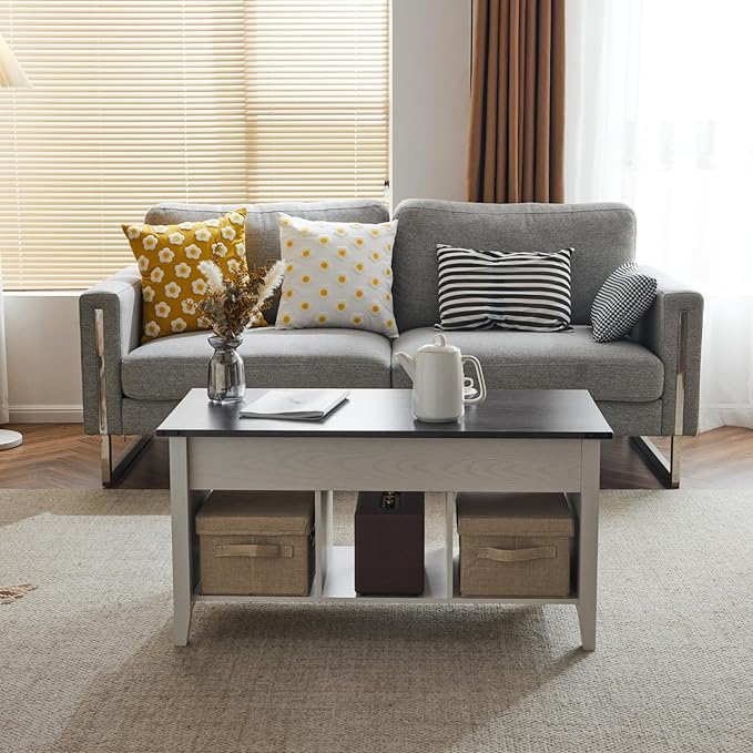 VINGLI Lift Top Coffee Table, Charcoal Top with White Frame, Farmhouse Cross-Sided Design, with Storage Shelf/Hidden Compartment, Gas Lift Mesa De Centro para Sala Pop Up Coffee Table
