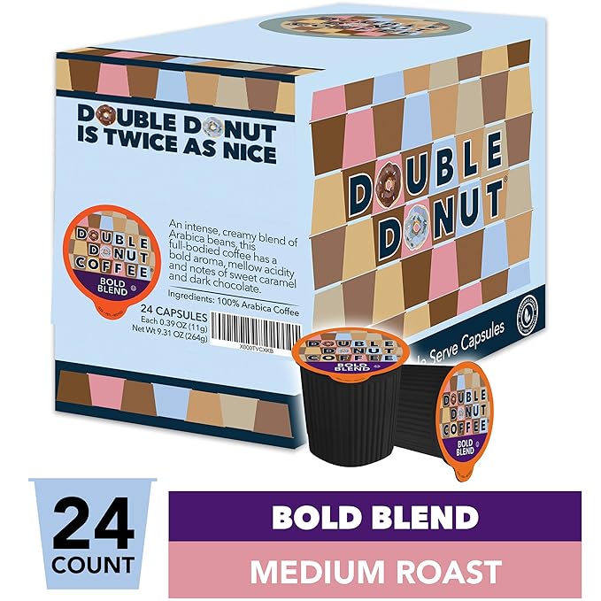 Double Donut Medium Dark Roast Coffee Pods, Bold Blend Coffee, Single Serve Coffee For Keurig K Cups Machines, Dark Roast Coffee in Recyclable Pods, Hot or Iced Coffee, 24 Count