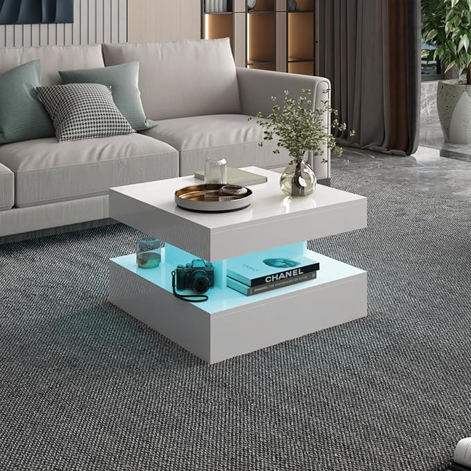 Small White Led Coffee Table for Living Room, 23.6" Wood Square 2-Tier Storage Modern Center Table, Modern High Glossy Wooden Coffee Tables for Small Space