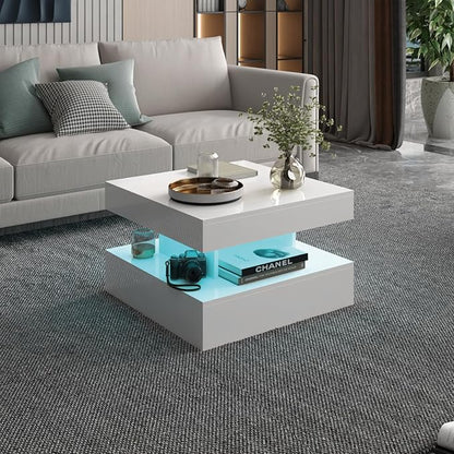 Small White Led Coffee Table for Living Room, 23.6" Wood Square 2-Tier Storage Modern Center Table, Modern High Glossy Wooden Coffee Tables for Small Space