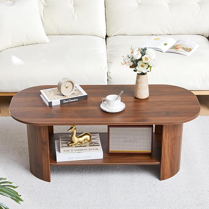 43.3” Oval Coffee Tables for Living Room, Wood Farmhouse Coffee Table with Storage, 2-Tier Center Table with Storage Shelf Low Tea Table for Small Space, Home, Office (Walnut)