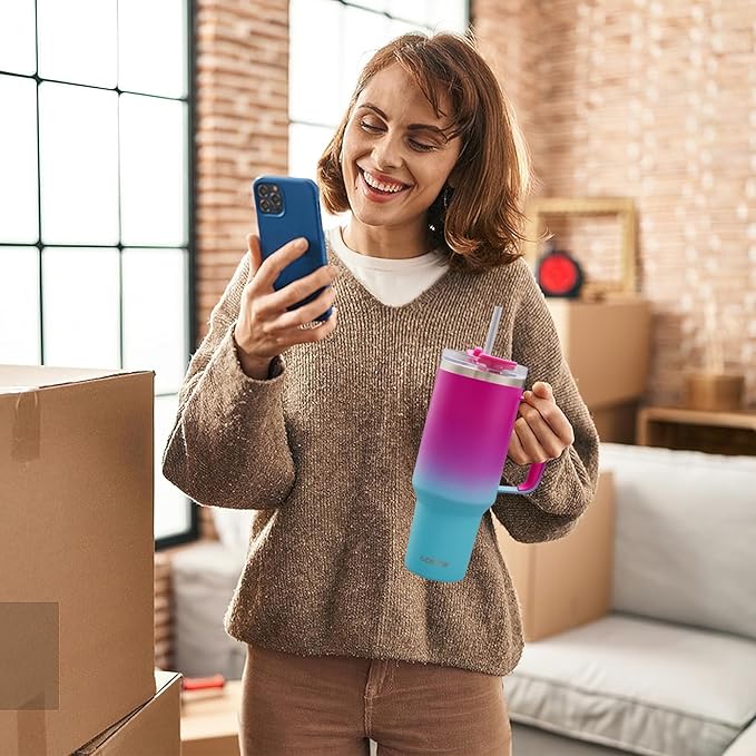 COKTIK 40 oz Tumbler With Handle and Straw Lid, Vacuum Insulated Travel Coffee Mug Stainless Steel Insulated Cup for Beverages, Leak-proof, Cupholder Friendly (Rose Plum)