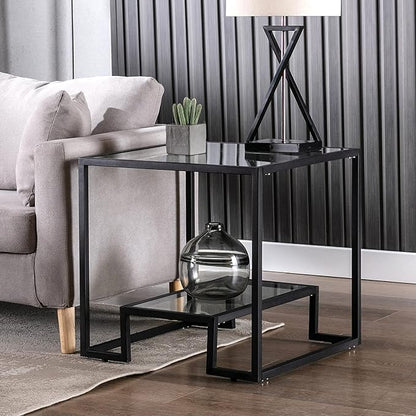 COSVALVE Modern 21 inch Accent Tempered Glass Top End Table, Black Legs Side Table, Line Metal Frame, Minimalist Metal Style for Living Room Home Furniture Office Decor