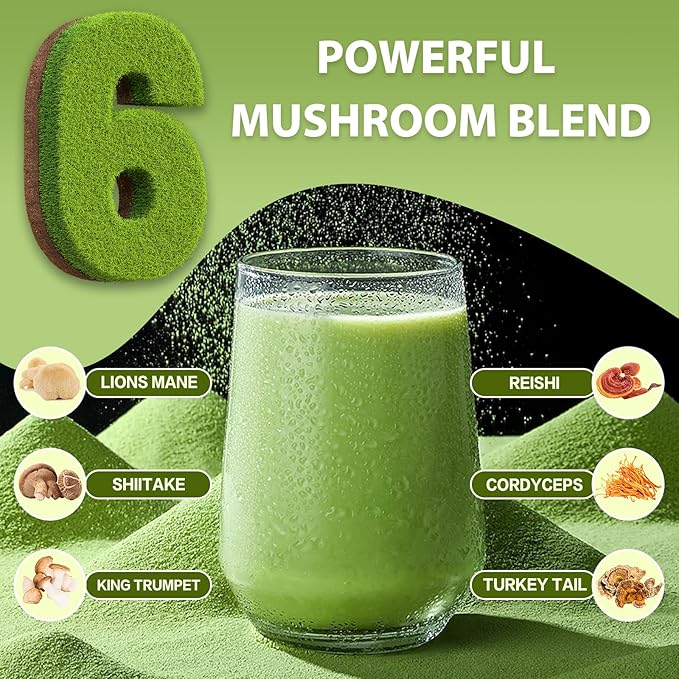 Bunkell Mushroom Matcha, Adaptogenic 6 Mushrooms Mix w/Japanese Matcha, Ceremonial Powder Blend with Lion's Mane, Reishi, Cordyceps & Shiitake for Energy, Focus & Immune Support, 30 Servings 1 Pack